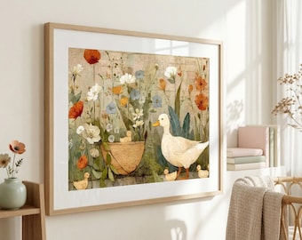 Mother Duck and Ducklings Art Print: Vintage Neutral Earth Tone Palette Nursery Decor, Farmhouse Nursery Artwork (Digital Download)