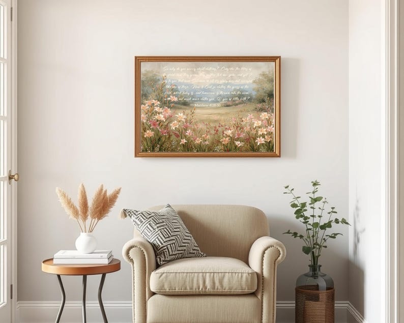 May include: A framed landscape painting with a field of pink and white flowers, a blue sky, and text. The painting hangs above a beige armchair with a patterned pillow. A small side table with a vase of dried flowers and books sits nearby.