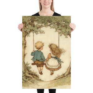 May include: A vintage-style print featuring a boy and girl on a swing, holding hands. The artwork has a soft color palette with green, brown, and cream tones. The children are dressed in period clothing, and the scene is set under a tree.