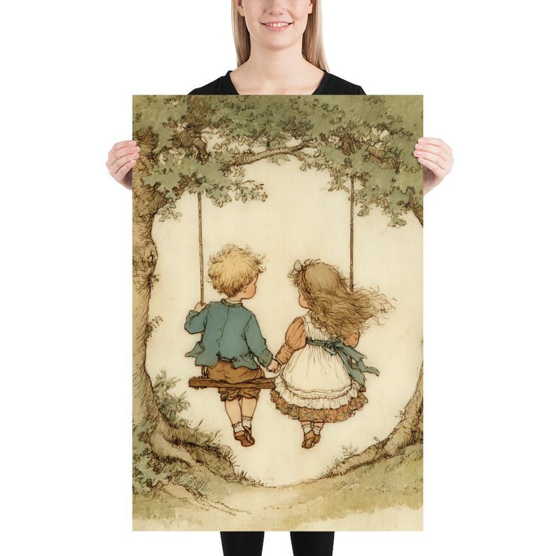 May include: A vintage-style print featuring a boy and girl on a swing, holding hands. The artwork has a soft color palette with green, brown, and cream tones. The children are dressed in period clothing, and the scene is set under a tree.