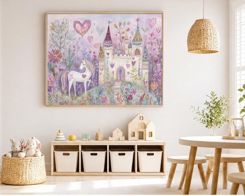 May include: A rectangular wall art print featuring a white unicorn standing in a garden with colourful flowers and trees. A large castle with multiple towers sits in the background under a sky filled with floating pink and purple heart shapes.