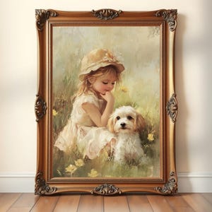 Vintage Girl and Puppy Print: Cottagecore Nursery Art (Digital Download 8x10, 11x14, 16x20 inches )