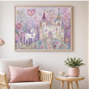 May include: A framed wall art print featuring a white unicorn standing in a garden with a castle in the background. The scene is filled with pastel colours, including pink, purple, and blue, with heart shapes, flowers, and trees surrounding the castle.