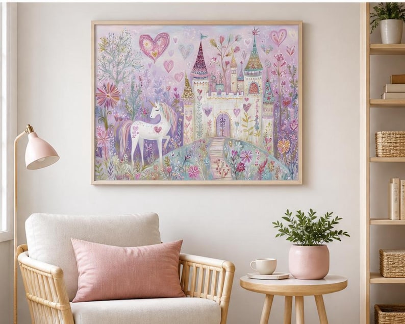 May include: A framed wall art print featuring a white unicorn standing in a garden with a castle in the background. The scene is filled with pastel colours, including pink, purple, and blue, with heart shapes, flowers, and trees surrounding the castle.