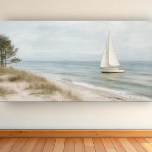 Minimalist Sailboat Canvas Print: Coastal Beach Scene - Ready to Hang