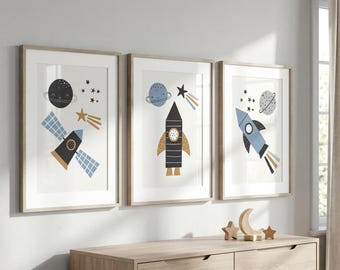 Space Nursery Wall Art Set of 3 ~ Rocket Ship Prints for Boy Room | Outer Space Decor for Kids Bedroom, Preschool & Playroom ~ Planets/Stars