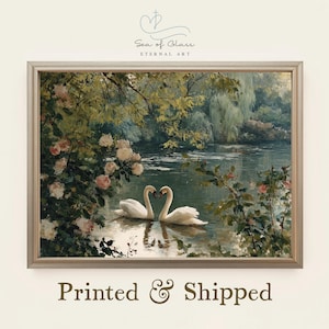 Vintage Swan Couple Oil Painting: Romantic Cottagecore Roses Art Print, Farmhouse Wall Art, Antique Bird Wall Art, Mailed Print