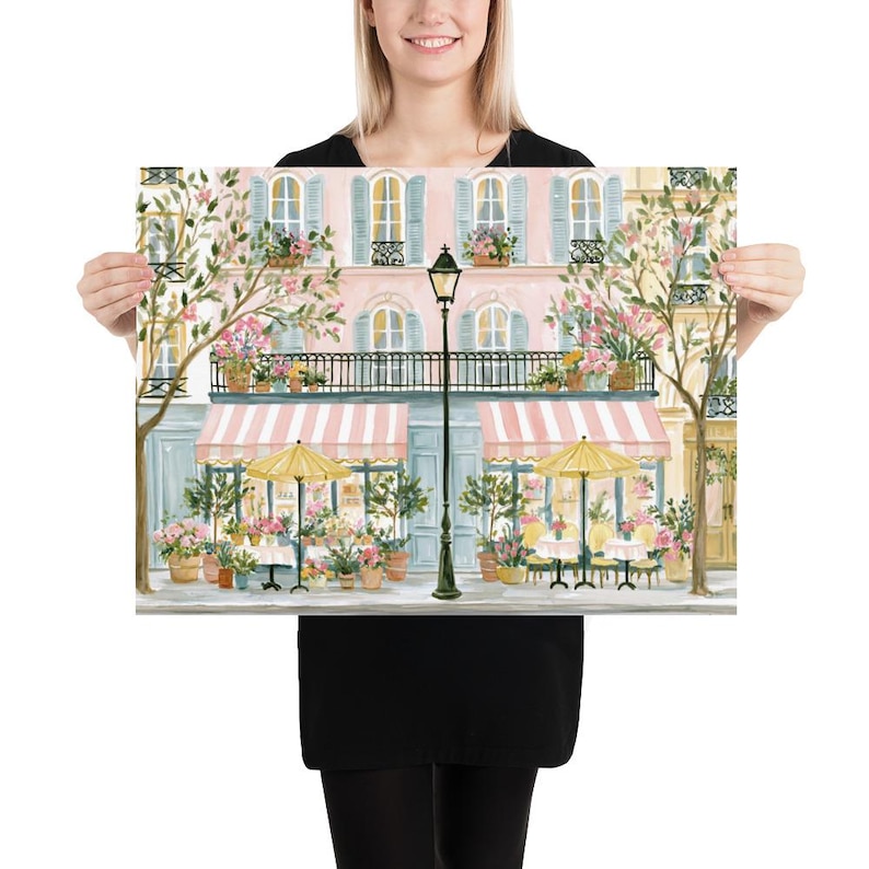Paris Cafe Wall Art Print ~ Romantic French Flower Market Poster | Cottagecore Parisian Decor for Feminine Bedroom & Shabby Chic Home 18″×24″