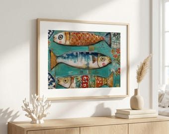 Sardines Folk Art Print: Mediterranean Kitchen Wall Art, Colorful Fish Wall Art, Vintage Coastal Painting, Retro Nautical Decor,Mailed Print