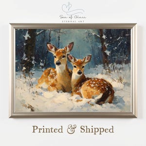 Winter Deer Painting: Snowy Forest Wildlife Art, Rustic Cabin Decor