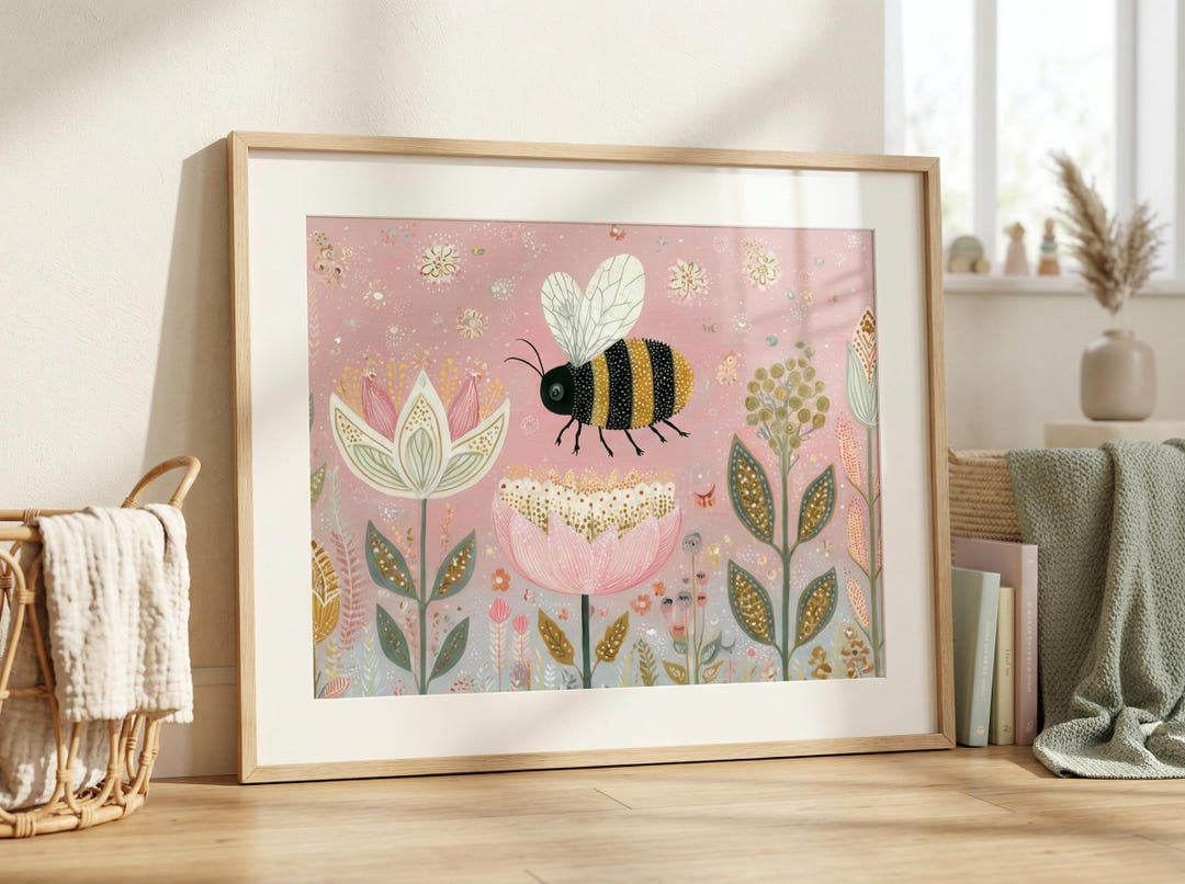 Whimsical Bumble Bee Wall Art – Pastel Floral Nursery Print, Blush and Green Boho Kids Roo