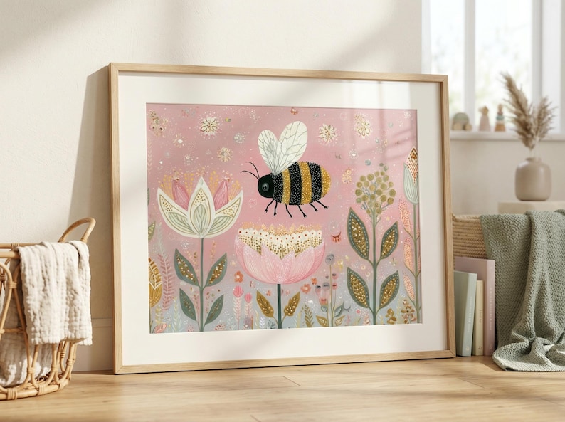 Decorazione murale con ape bizzarra – Stampa floreale pastello per cameretta dei bambini, decorazione boho per cameretta dei bambini nei toni del rosa e del verde (stampa fisica spedita per posta) immagine 1