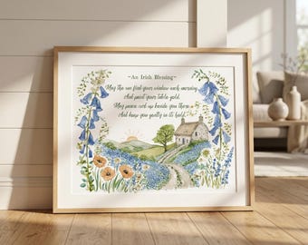 Lámina artística de bendición para el hogar irlandés, arte mural para casa de campo irlandesa, decoración celta para el hogar, regalo irlandés, arte paisajístico de granja campestre, estilo veraniego