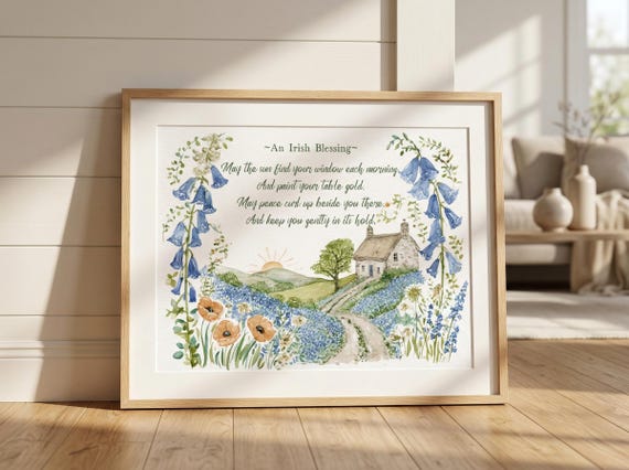 Irish House Blessing Art Print, Irish Cottage Wall Art, Celtic Home Decor, Irish Gift, Country Farmhouse Landscape Art, Summer Style