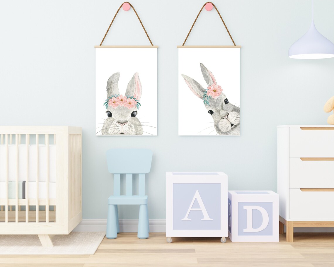 Bunny Rabbit Nursery Wall Decor Set of 2 DIGITAL PRINTS Etsy