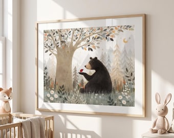 Bear and Ladybug Wall Art Print ~ Woodland Bear Illustration under Tree | Forest Nursery Decor ~ Neutral Kids Room Poster ~ Storybook Art