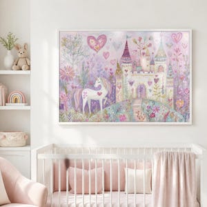 May include: A rectangular wall art print featuring a white unicorn with a pink mane and tail standing in a garden. A large castle with towers and turrets is in the background. The scene is filled with pink hearts, flowers, and trees.