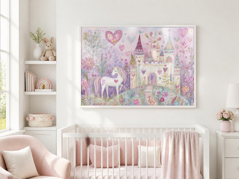 May include: A rectangular wall art print featuring a white unicorn with a pink mane and tail standing in a garden. A large castle with towers and turrets is in the background. The scene is filled with pink hearts, flowers, and trees.