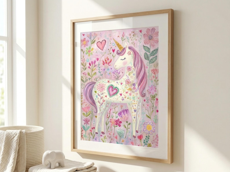 Pink Unicorn Art Print for Girls Nursery Room ~ Pastel Fantasy Decor ~ Magical Girls Bedroom Wall Art ~ Unicorn Illustration ~ Baby Shower image 1