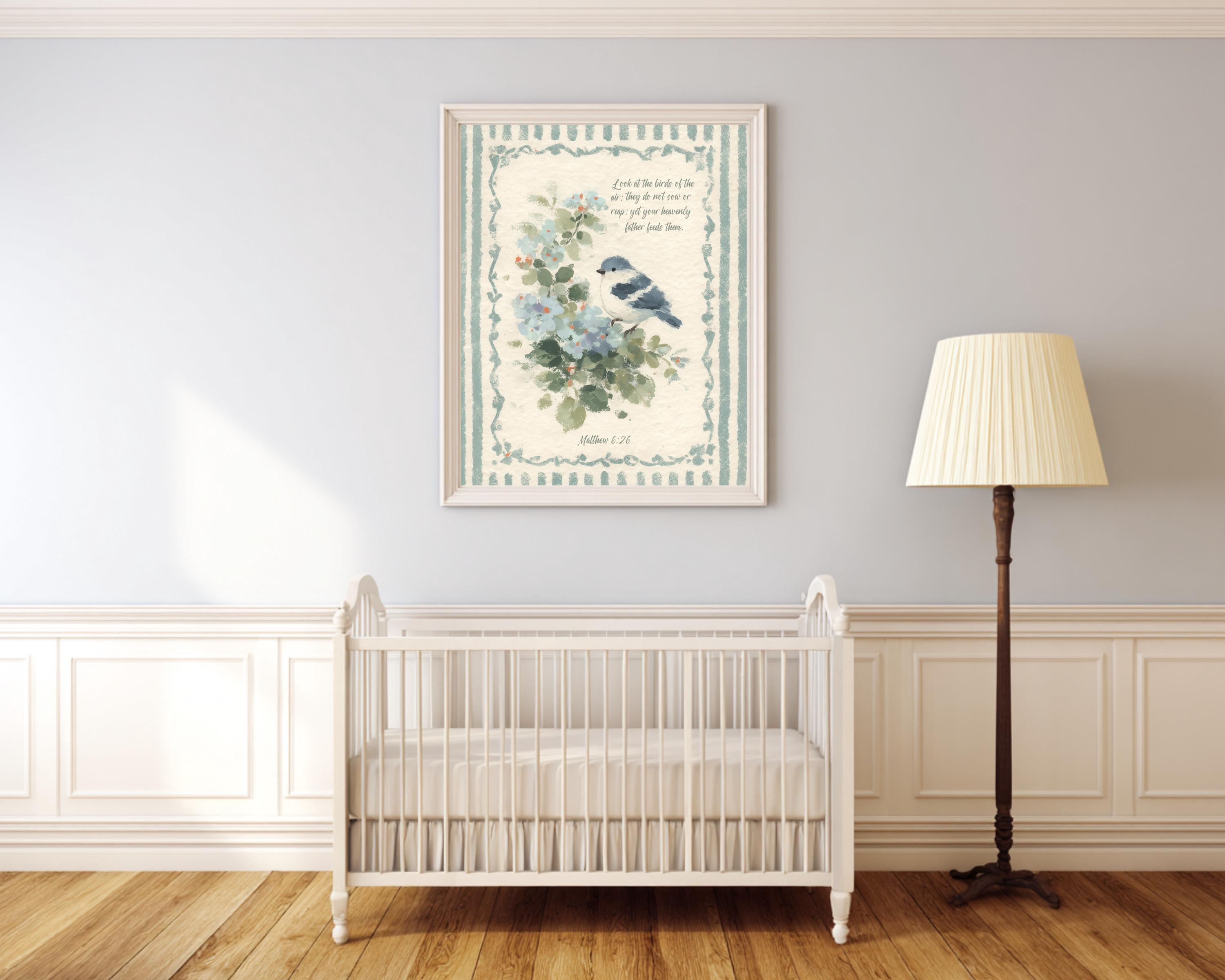Bluebird With Scripture Bluebird Watercolor Scripture Print - Matthew 6:26 Nursery Decor ...