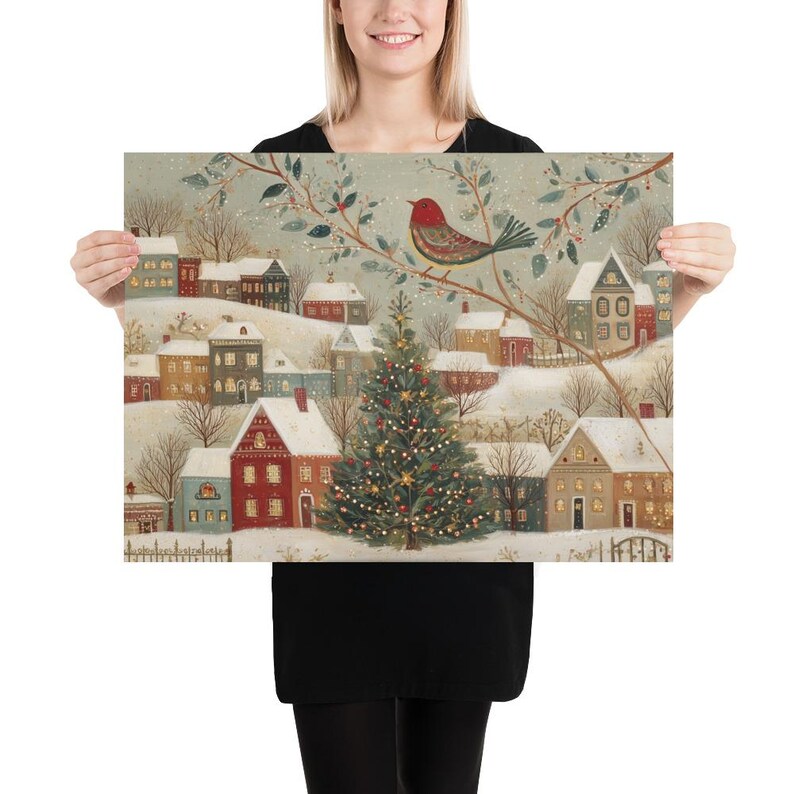 May include: A rectangular art print featuring a winter village scene with snow-covered houses, a central decorated Christmas tree with lights, and a red bird perched on a branch in the upper section. The colour palette includes muted tones of grey, white, red, and green.
