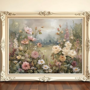 Rose Garden Wildflower Wall Art Oil Painting – Vintage Floral Landscape, Cottagecore Decor, Shabby Chic Painting, Vintage Country Artwork