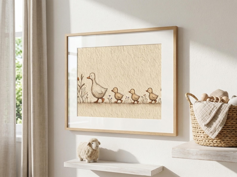 May include: A framed print featuring a mother duck and her three ducklings walking in a line. The artwork is in soft, neutral tones, with a beige background and a light wooden frame. The illustration has a whimsical, gentle feel.