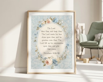 Números 6:24-26 Versículo bíblico para pared – Impresión de bendición cristiana, decoración floral con escritura, arte para el hogar estilo vintage en azul pastel