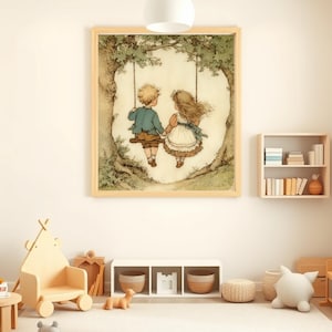 May include: A framed print depicts two children on a swing, set against a backdrop of a tree. The artwork features soft colors, with the children in vintage clothing. The overall theme is nostalgic and suitable for a child's room.