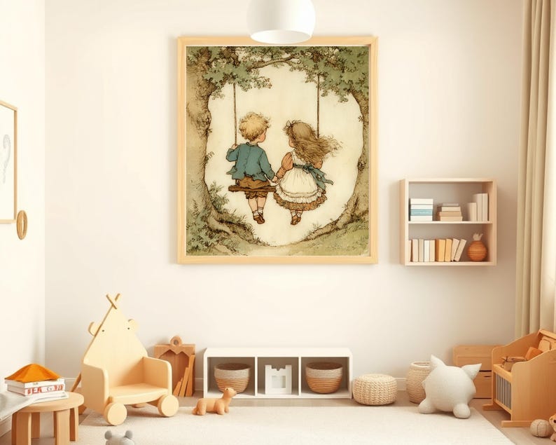 May include: A framed print depicts two children on a swing, set against a backdrop of a tree. The artwork features soft colors, with the children in vintage clothing. The overall theme is nostalgic and suitable for a child's room.