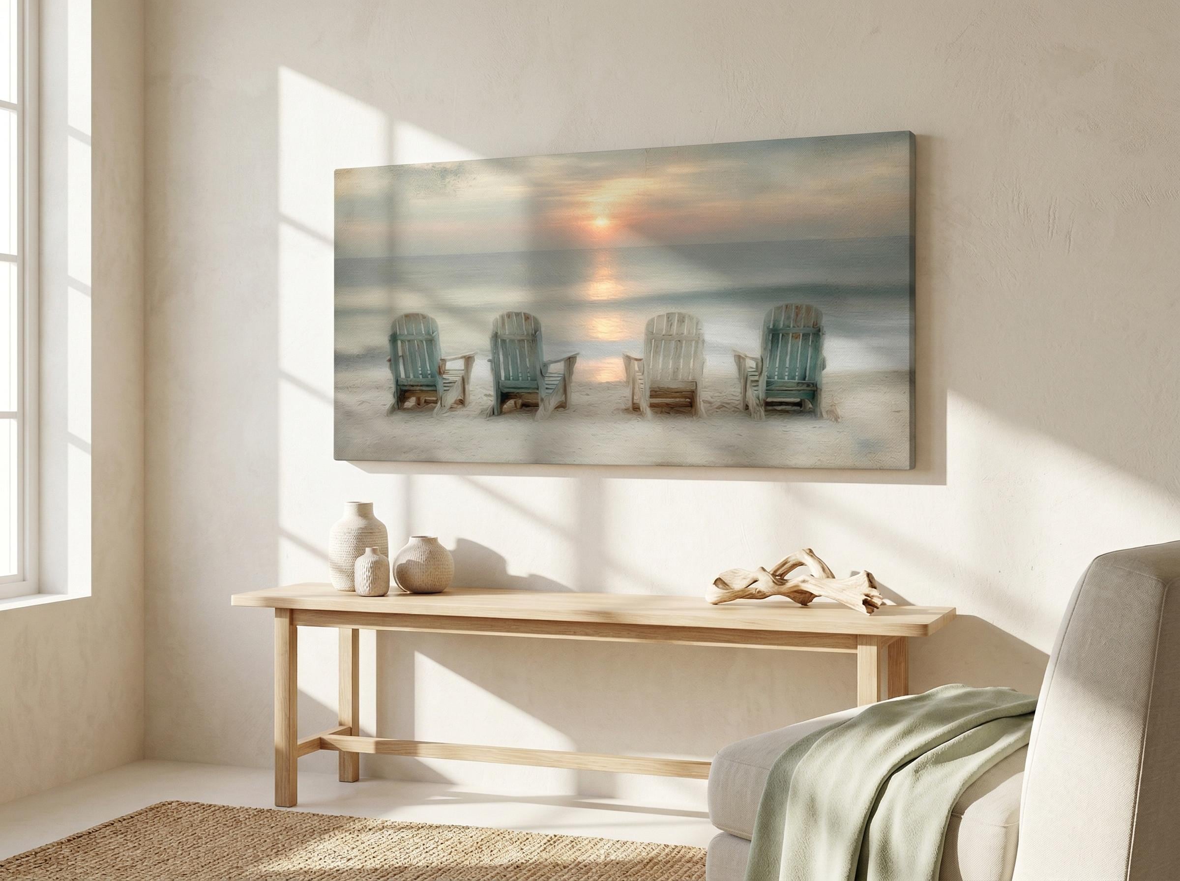 Coastal Sunset Canvas Print With Adirondack Chairs | Beach House Decor ...