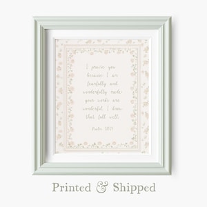 Mailed Print of Psalm 139:14 Bible Verse Wall Art – Fearfully and Wonderfully Made – Floral Vintage Scripture Print – Christian Nursery Art