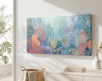 Colorful Coral Reef Canvas Wall Art, Vibrant Underwater Botanical Print, Tropical Ocean Decor, Coastal Living Room Artwork