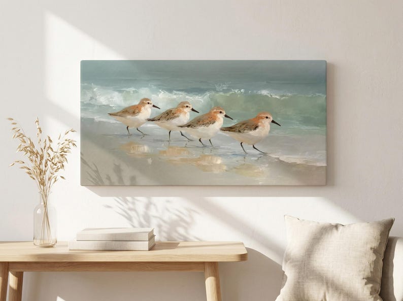 Sandpiper Beach Canvas Wall Art ~ Vintage Coastal Bird Print ~ Coastal Beach House Decor for Living Room ~ Nursery Bird Artwork Gift image 4