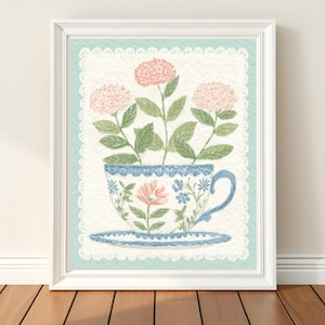 Preppy Grandmillennial Teacup Floral Art Print – Digital Download, Pastel Cottagecore Wall Art, Pink Hydrangea Art, Feminine Vintage Decor