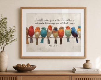 Psaume 91:4 impression de peinture à l'huile d'oiseau - art mural d'écriture chrétienne, décoration colorée de vers de bible, il vous couvrira de ses plumes