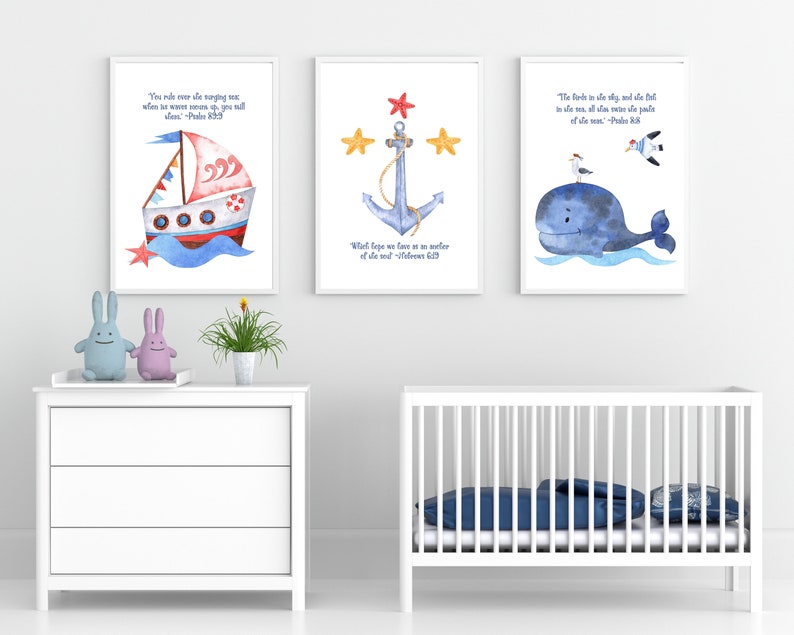 Nautical Nursery Wall Decor Prints Set of 3 Boys Christian Nursery Printable Art Bible Verses