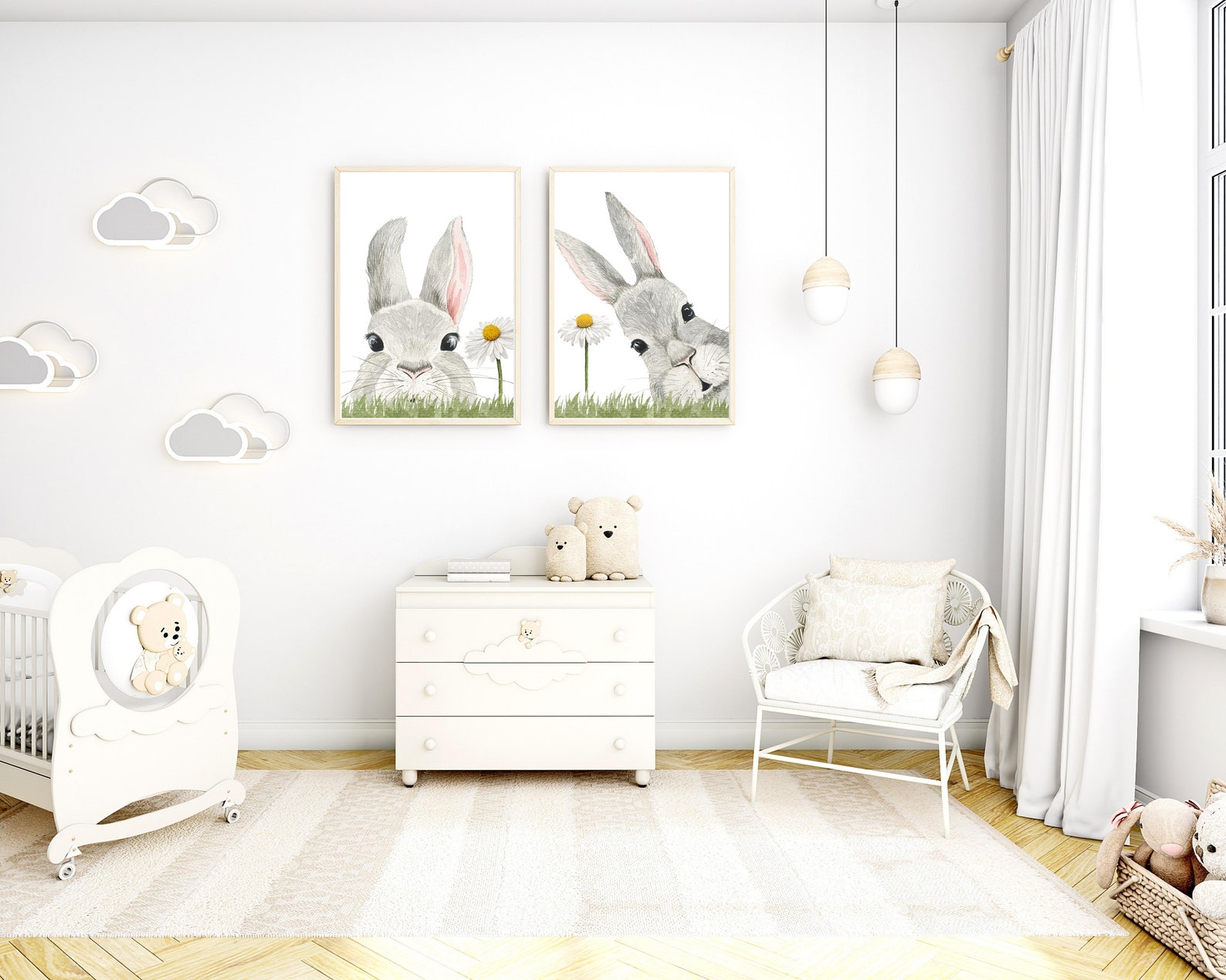 Bunny Rabbit Nursery Wall Decor Printable Art Set of 2 Bunny Prints