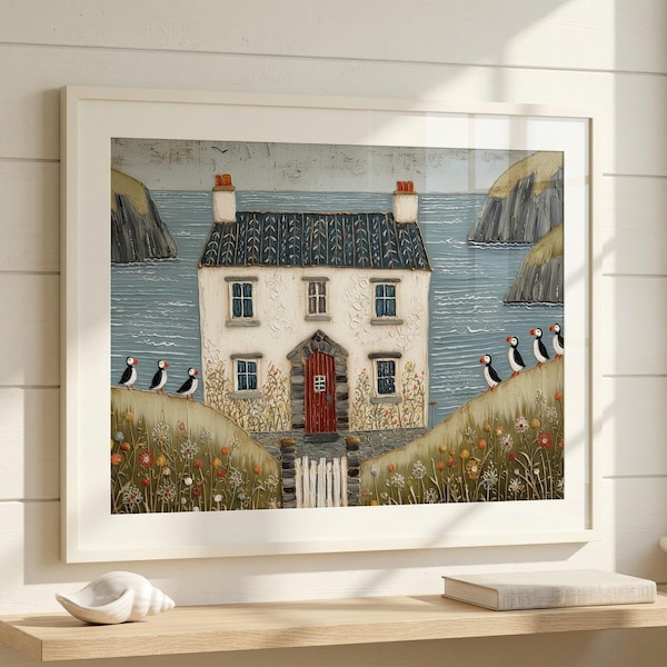 Irish Coastal Cottage Wall Art with Puffins - Whimsical Seaside Nursery Print, Cottagecore Ocean Landscape Decor, Ireland Matte Art Poster