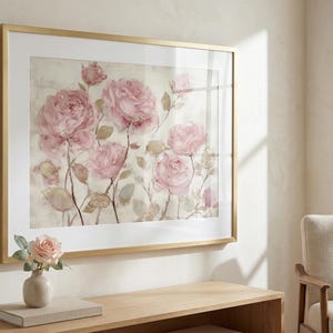 Cottagecore Rose Art Print, Blush Pink Floral Rose Print, Vintage Botanical Wall Art, Pink Rose Art, Wedding Gift, Romantic Wall Art image 1