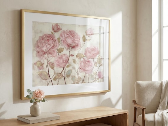 Cottagecore Rose Art Print, Blush Pink Floral Rose Print, Vintage Botanical Wall Art, Pink Rose Art, Wedding Gift, Romantic Wall Art