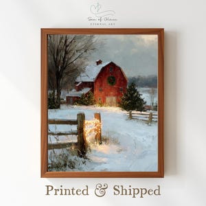 Rustic Red Barn Painting Christmas Print, Cottagecore Farmhouse Winter Art, Country Holiday Decor, Snowy Barn Scene Painting, MAILED PRINT