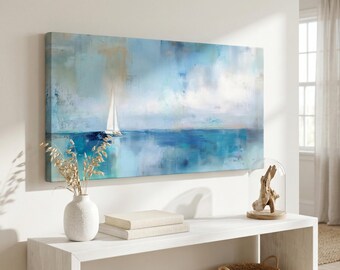 Coastal Sailboat Canvas Wall Art, Abstract Ocean Painting Print, Blue Nautical Decor, Beach House Wall Art, Seascape Canvas Artwork