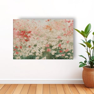 Pastel Wildflower Canvas Wall Art – Blush Pink Floral Meadow Print, Cottagecore Decor, Impressionist Botanical Painting, Feminine Artwork