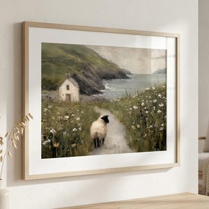 Stampa di cottage irlandesi, arte murale con paesaggi irlandesi, arte di pecore in riva al mare in fattoria, decorazioni di campagna costiera, decorazioni murali di cottage irlandesi