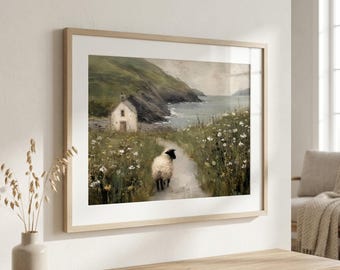 Irish Cottage Print, Ireland Landscape Wall Art, Farmhouse Sheep by the Sea Art, Coastal Countryside Decor, Irish Cottage Wall Decor