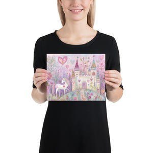 Whimsical Unicorn Castle Wall Art, Fairy Tale Nursery Print, Pastel Valentine Unicorn Art for Girls Room, Magical Fantasy Decor