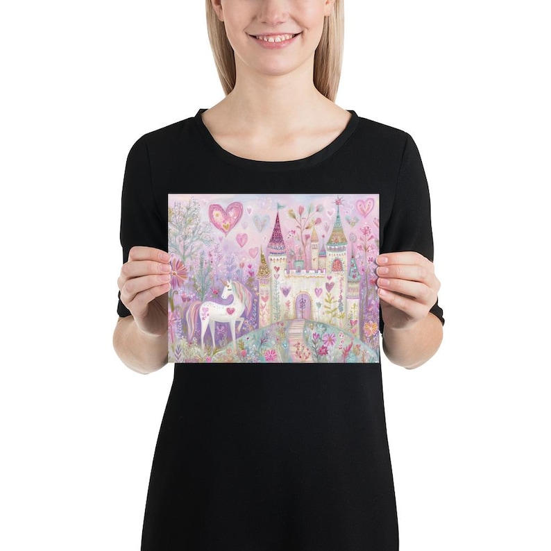 Whimsical Unicorn Castle Wall Art, Fairy Tale Nursery Print, Pastel Valentine Unicorn Art for Girls Room, Magical Fantasy Decor