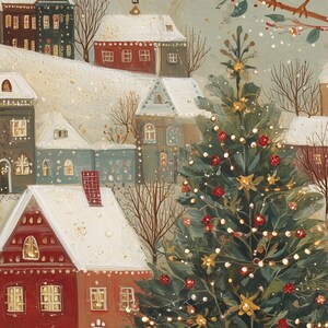 May include: A festive winter scene illustration featuring a decorated Christmas tree with red ornaments and warm lights in the foreground. The background displays a snow-covered village with multi-coloured houses, bare trees, and soft snowfall.