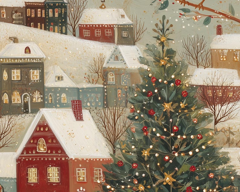 May include: A festive winter scene illustration featuring a decorated Christmas tree with red ornaments and warm lights in the foreground. The background displays a snow-covered village with multi-coloured houses, bare trees, and soft snowfall.